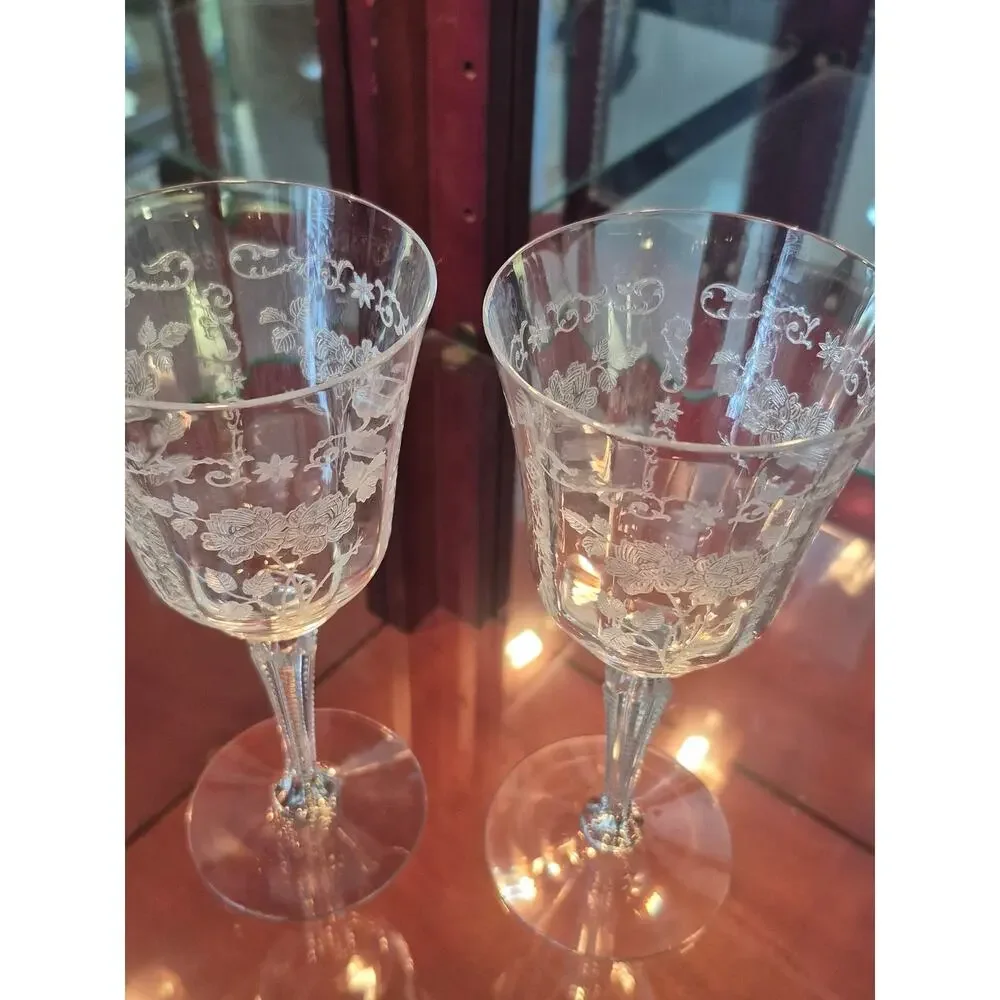 Fostoria Midnight Rose Water Glasses Etched Vintage Fine Quality 1933 Set of 2
